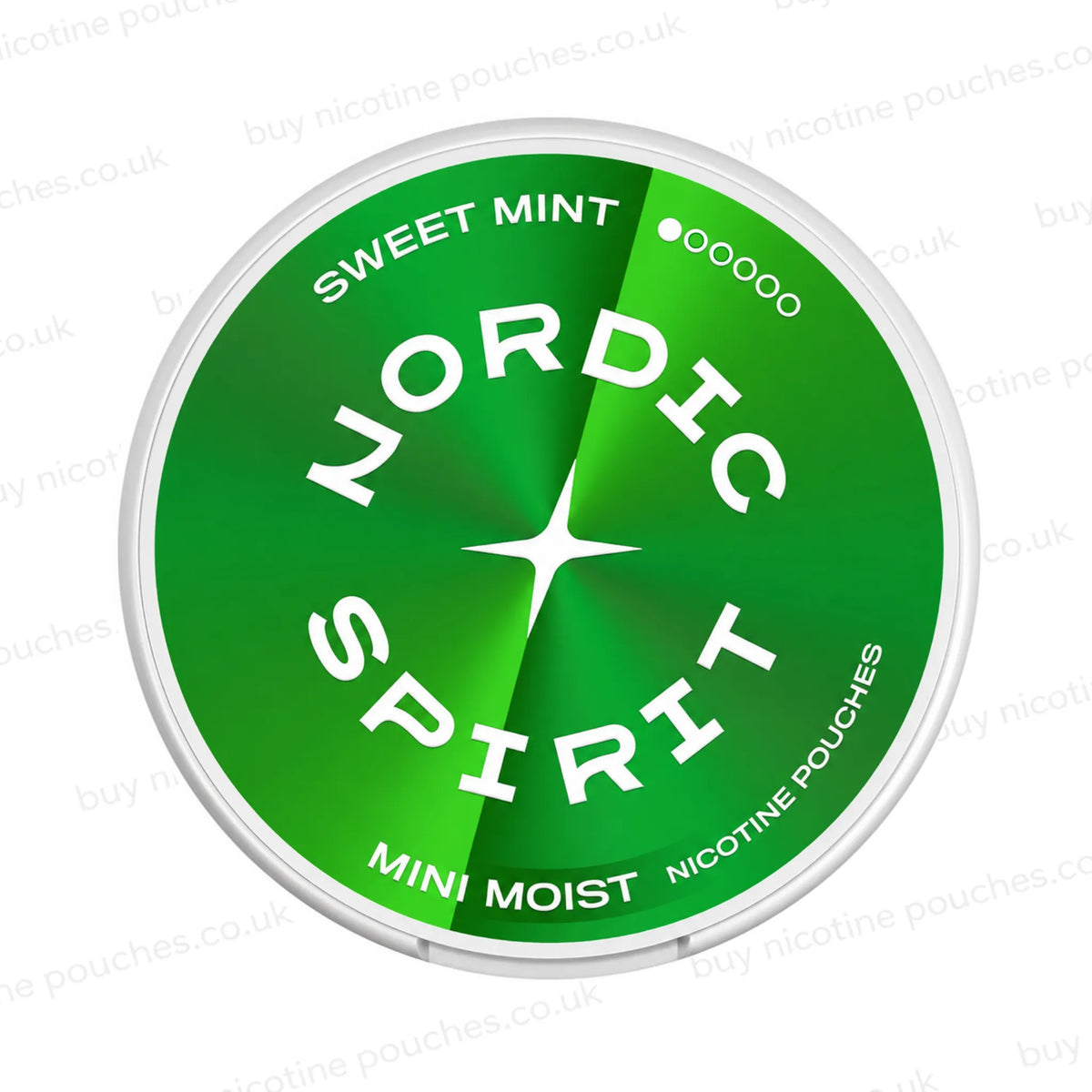 White nicotine pouch container with green Nordic Spirit Sweet Mint Mini Moist branding on a white background.