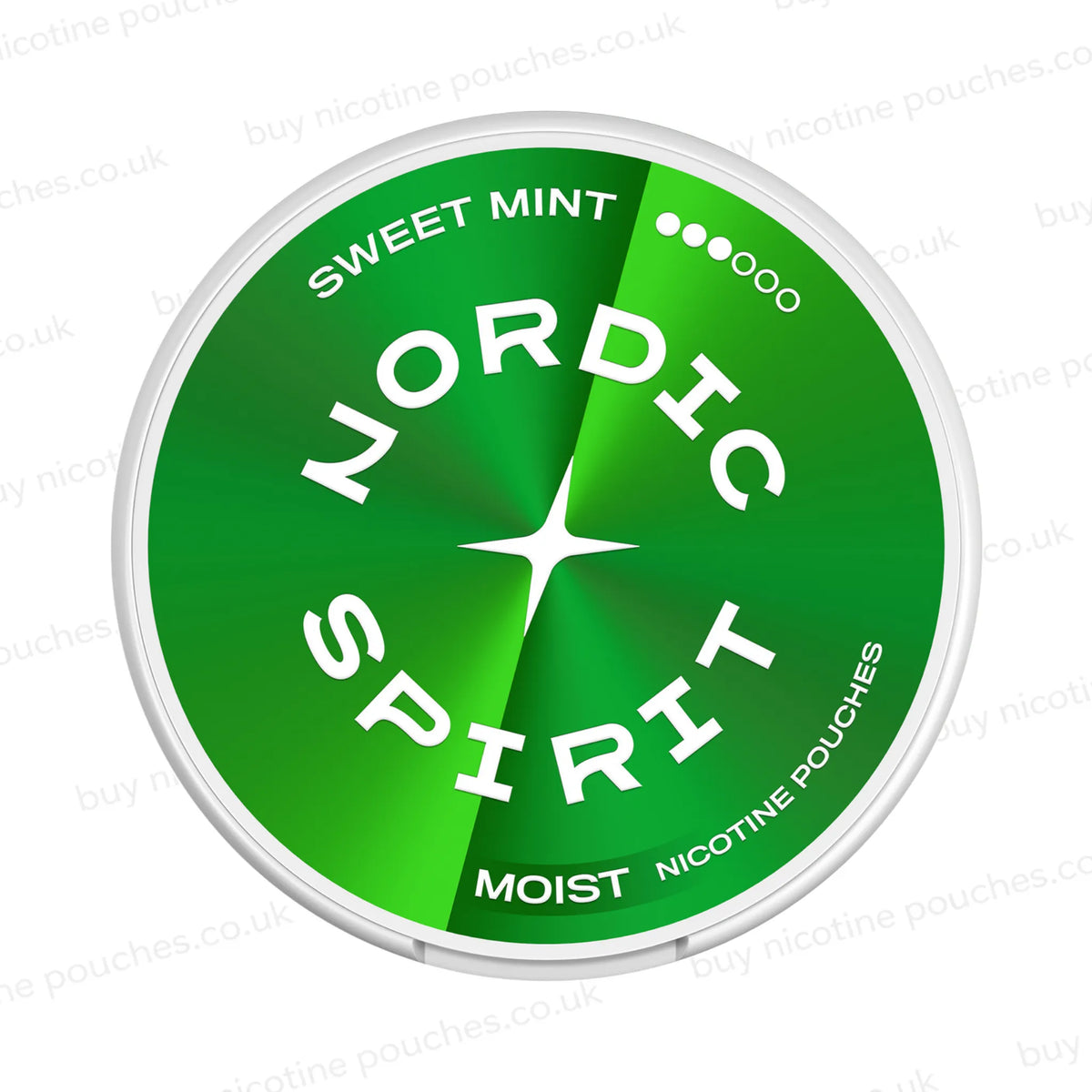 Round nicotine pouch can with green Nordic Spirit Sweet Mint 3-dot branding on a white background.