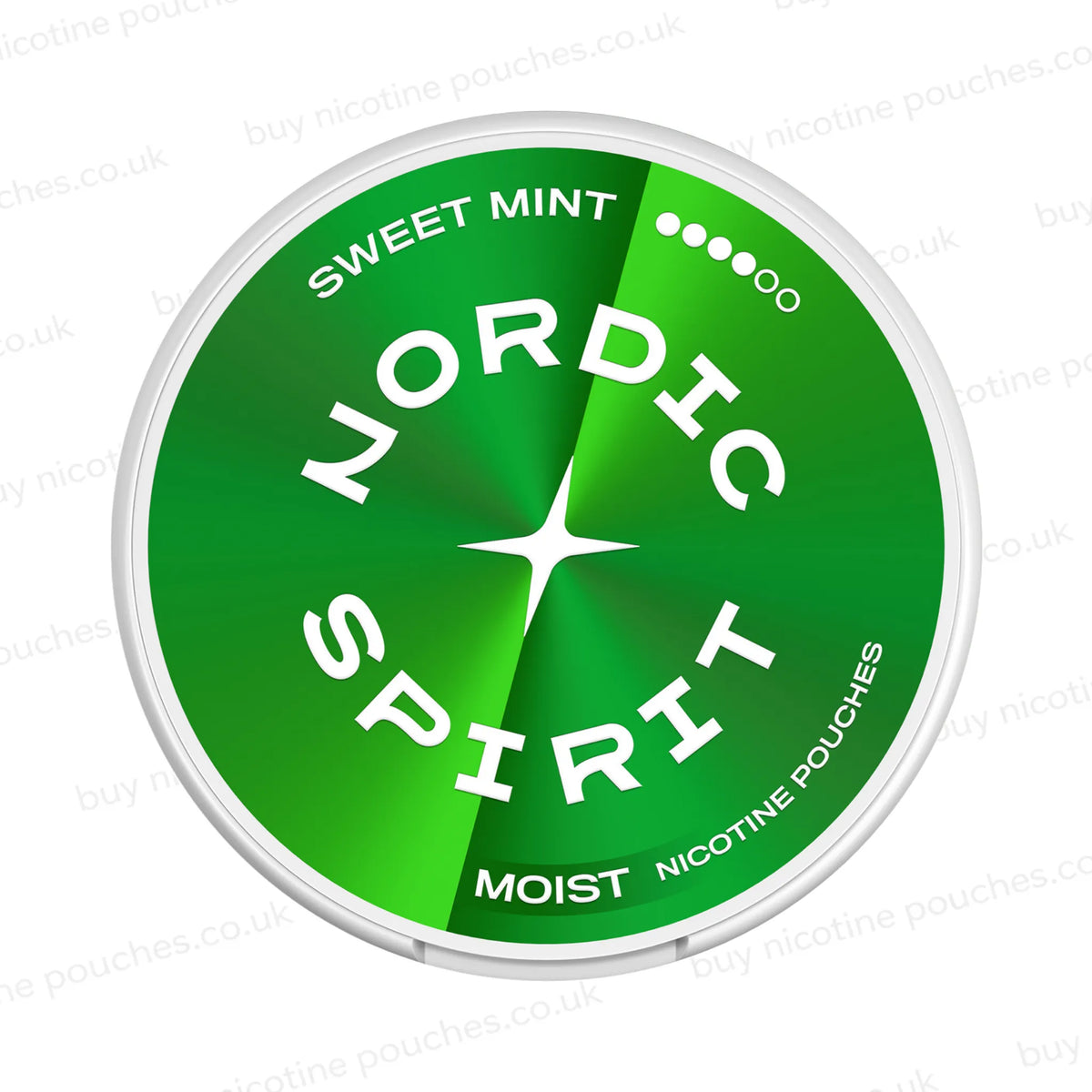 Round nicotine pouch can with green Nordic Spirit Sweet Mint 4-dot branding on a white background.