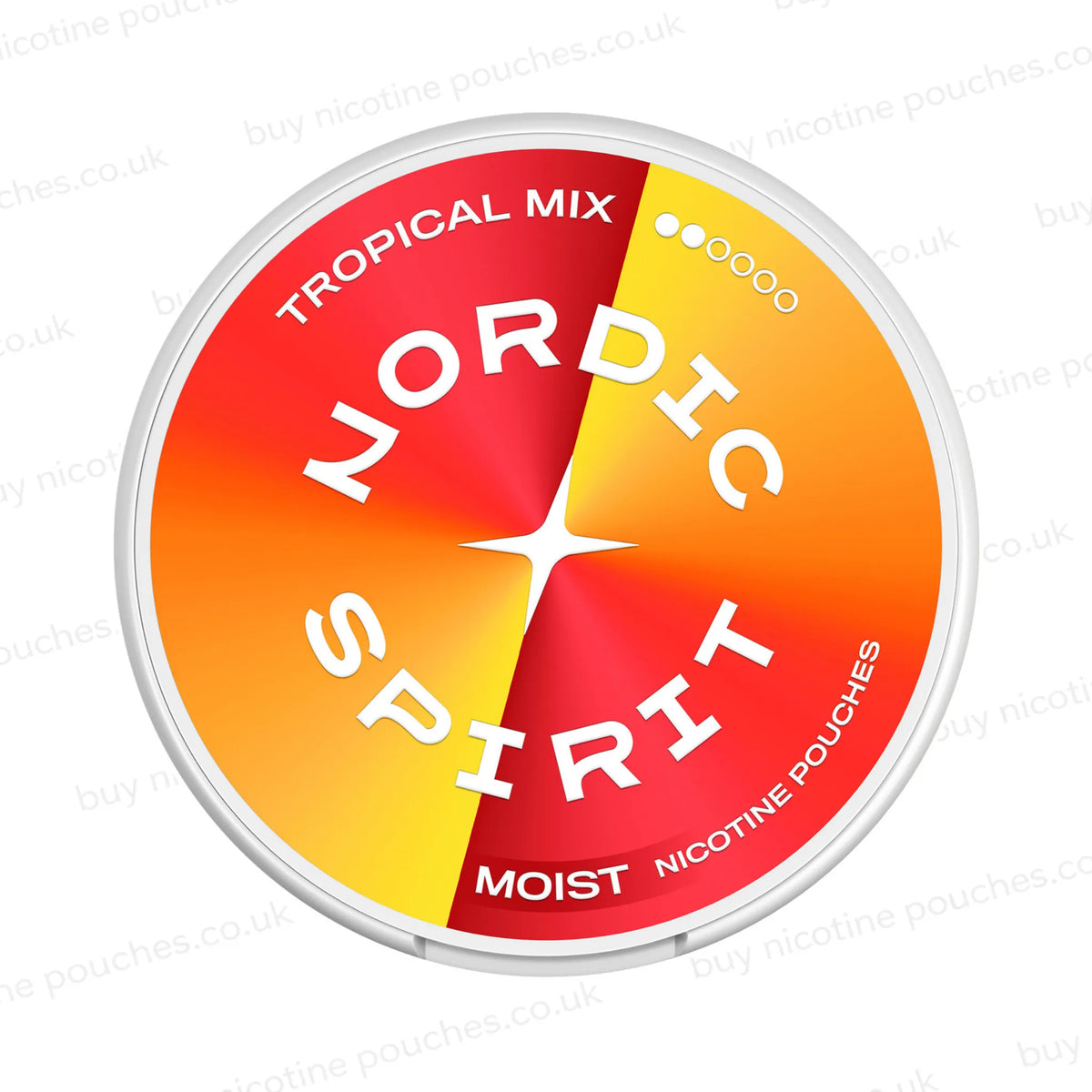 Round nicotine pouch container with orange and red Nordic Spirit Tropical Mix 2-dot branding on a white, watermarked background.