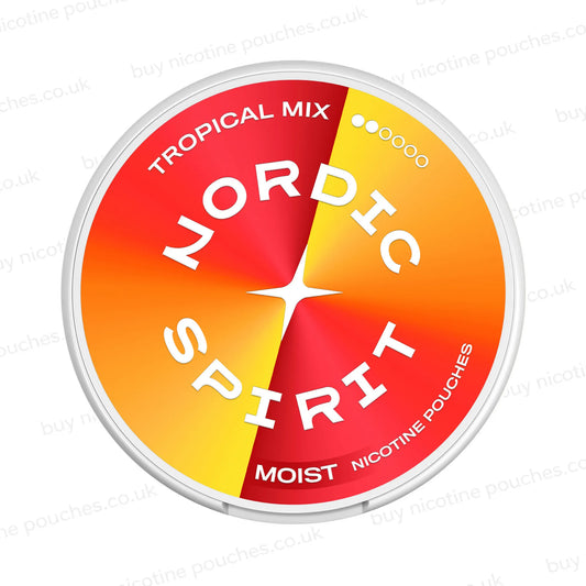 Round nicotine pouch container with orange and red Nordic Spirit Tropical Mix 2-dot branding on a white, watermarked background.