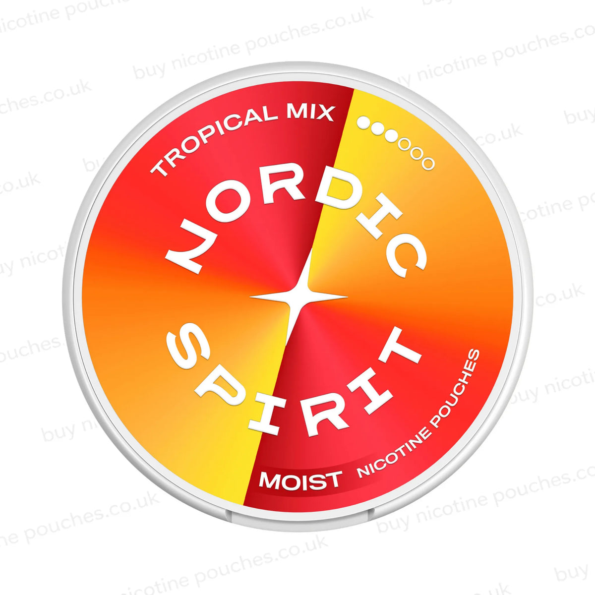 Round nicotine pouch container with orange and red Nordic Spirit Tropical Mix 3-dot branding on a white, watermarked background.