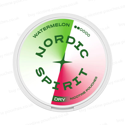 Round nicotine pouch container with white, green and red Nordic Spirit Watermelon 2-dot branding on a white, watermarked background.