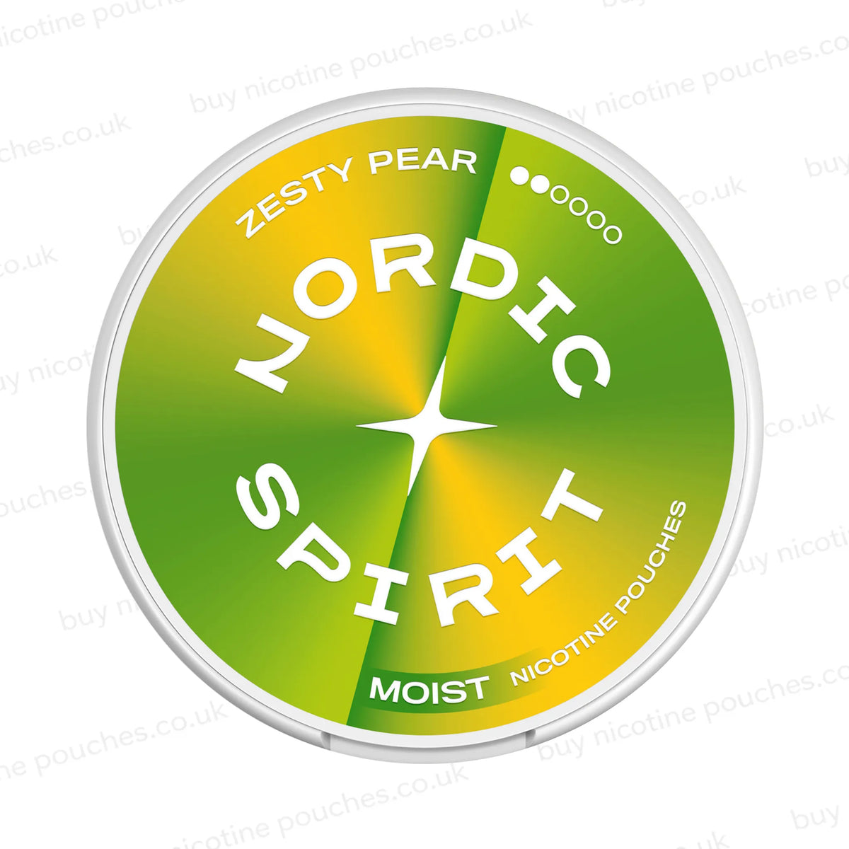 Round nicotine pouch container with green and yellow Nordic Spirit Zesty Pear 2-dot branding on a white, watermarked background.