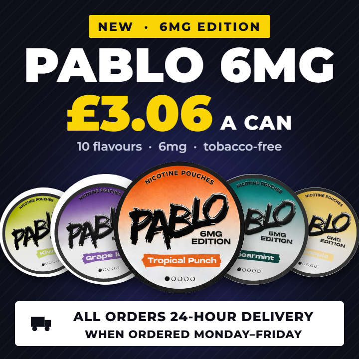 Pablo 6MG Edition nicotine pouches £3.06 a can – 24-hour delivery when ordered Monday to Friday