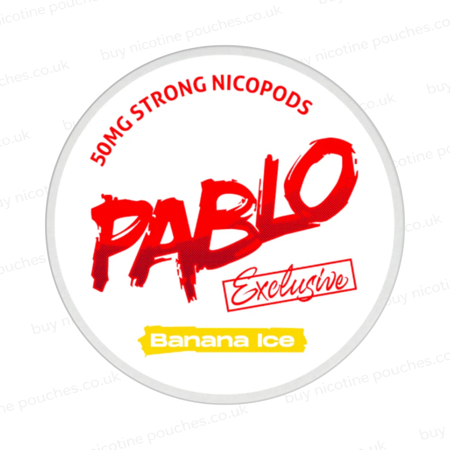 Nicotine pouch container with Pablo Banana Ice branding on a white background