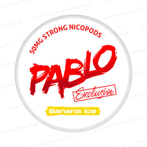 Nicotine pouch container with Pablo Banana Ice branding on a white background