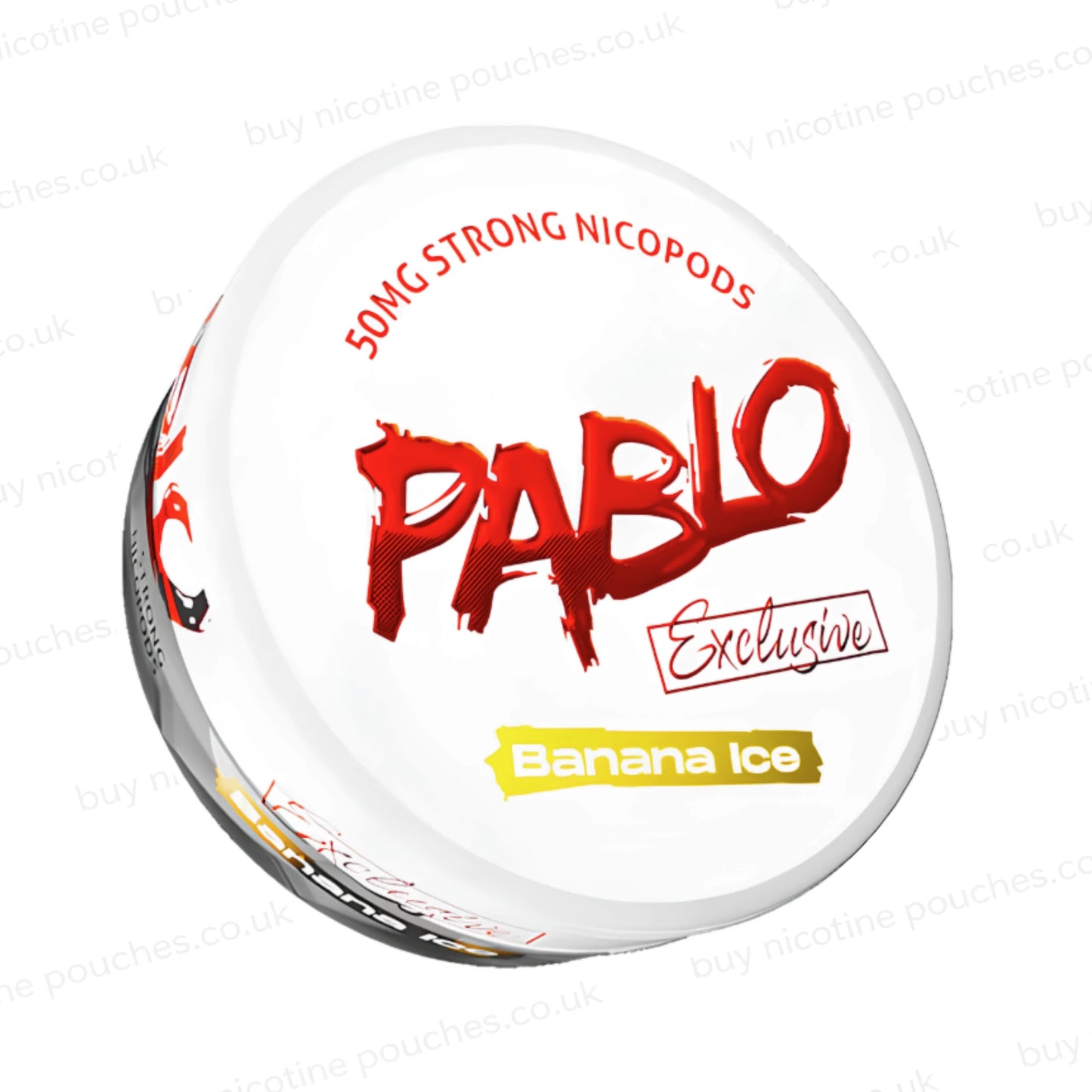 Angled shot of a nicotine pouch container with Pablo Banana Ice branding on a white background
