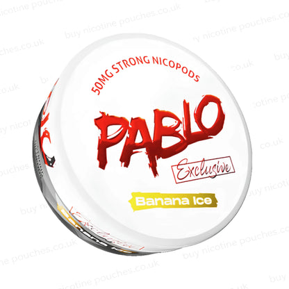 Angled shot of a nicotine pouch container with Pablo Banana Ice branding on a white background