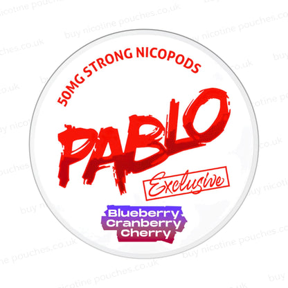 Nicotine pouch container with Pablo Blueberry Cranberry Cherry branding on a white background.