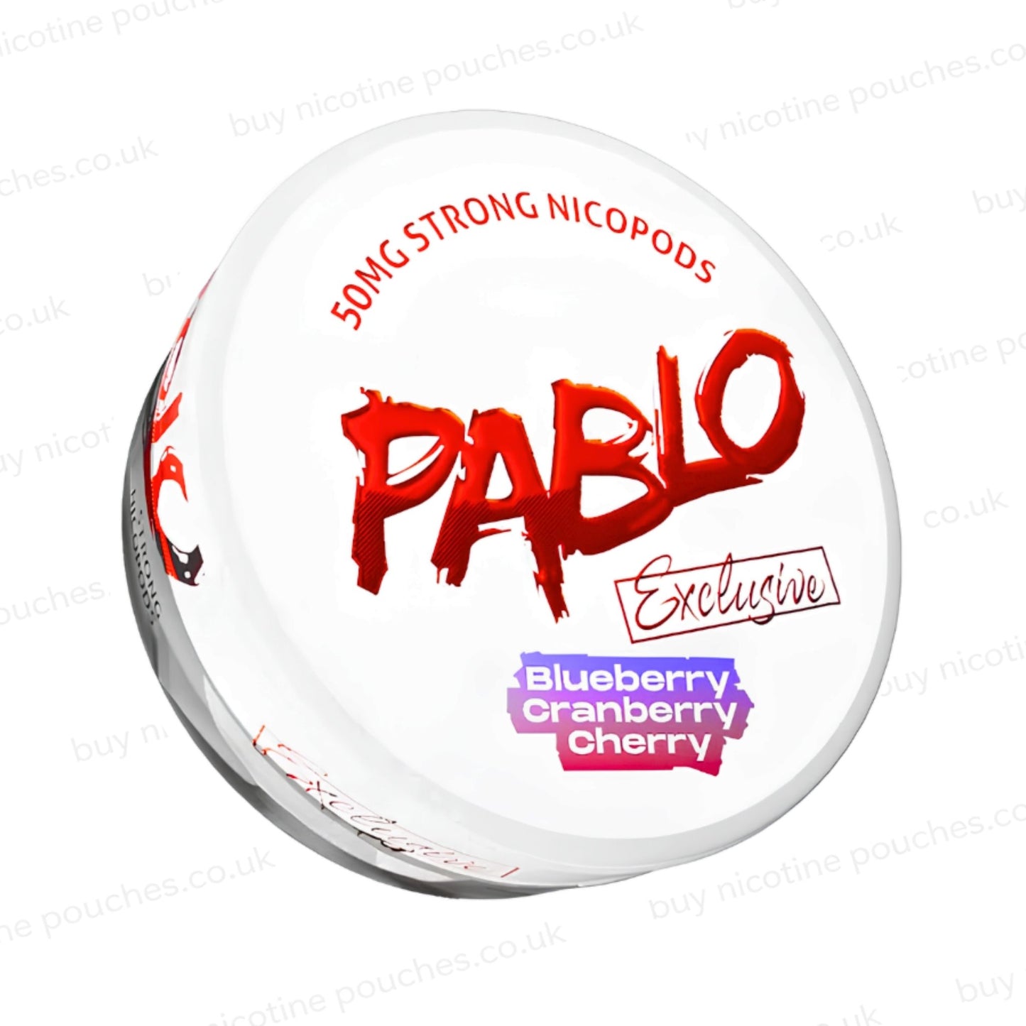 Angled shot of a nicotine pouch container with Pablo Blueberry Cranberry Cherry branding on a white background.