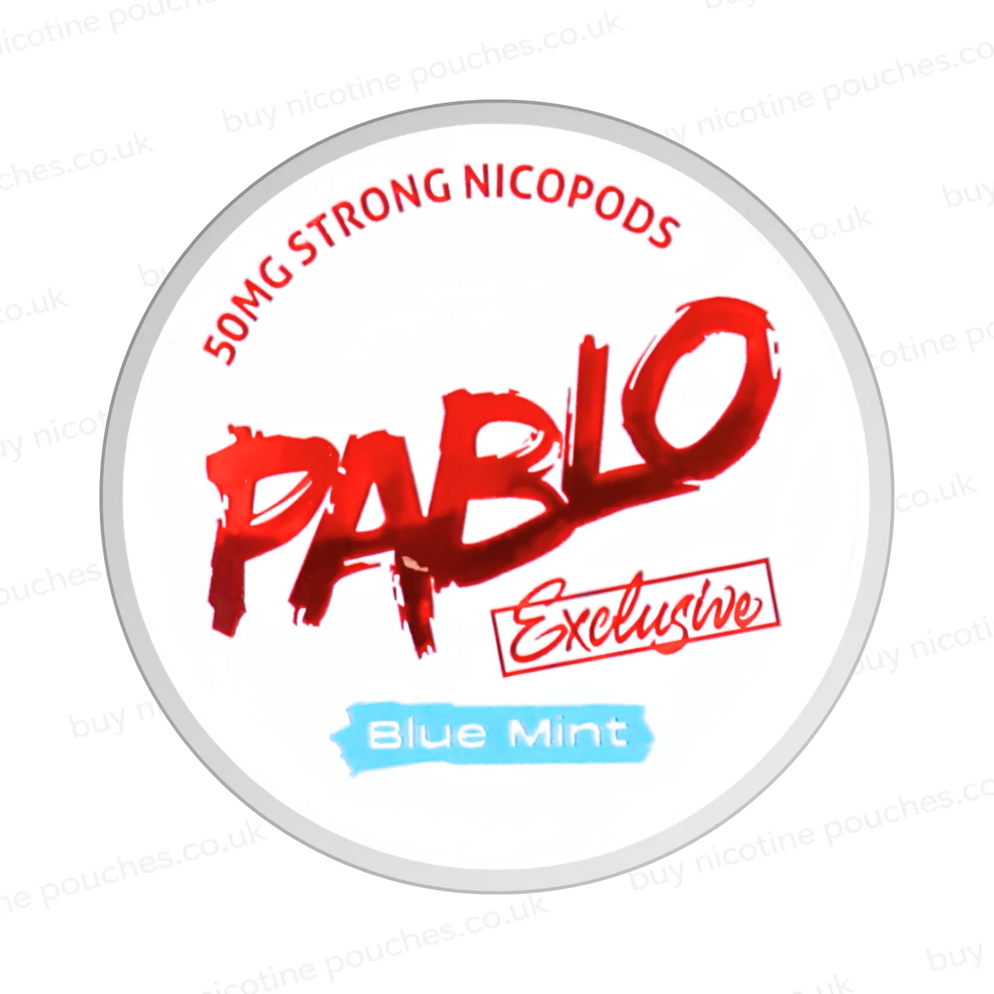 Nicotine pouch container with Pablo Blue Mint branding on a white background.