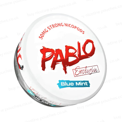 Angled shot of a nicotine pouch container with Pablo Blue Mint branding on a white background.