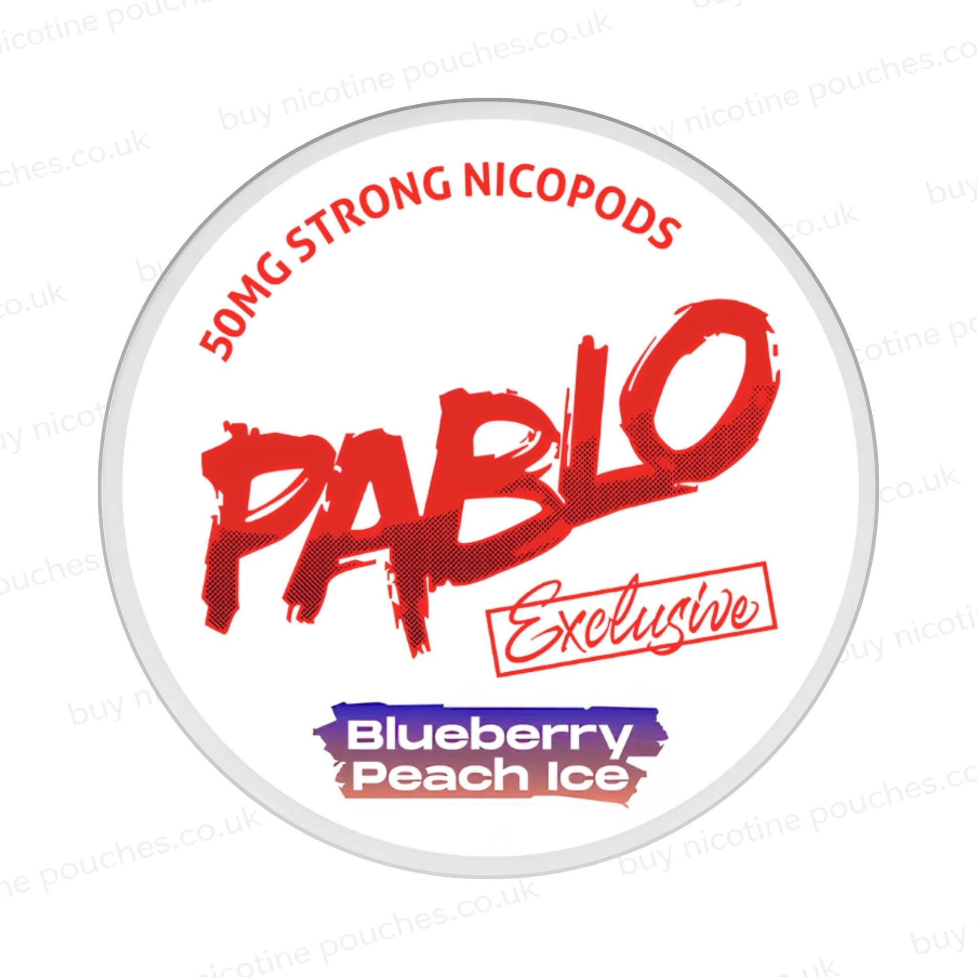 Nicotine pouch container with Pablo Blueberry Peach Ice branding on a white background.
