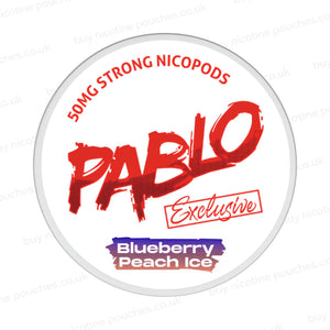 Nicotine pouch container with Pablo Blueberry Peach Ice branding on a white background.
