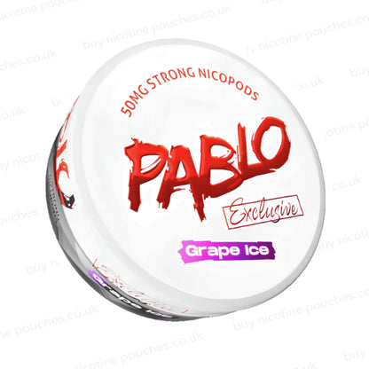 Angled shot of a nicotine pouch container with Pablo Grape Ice branding on a white background.