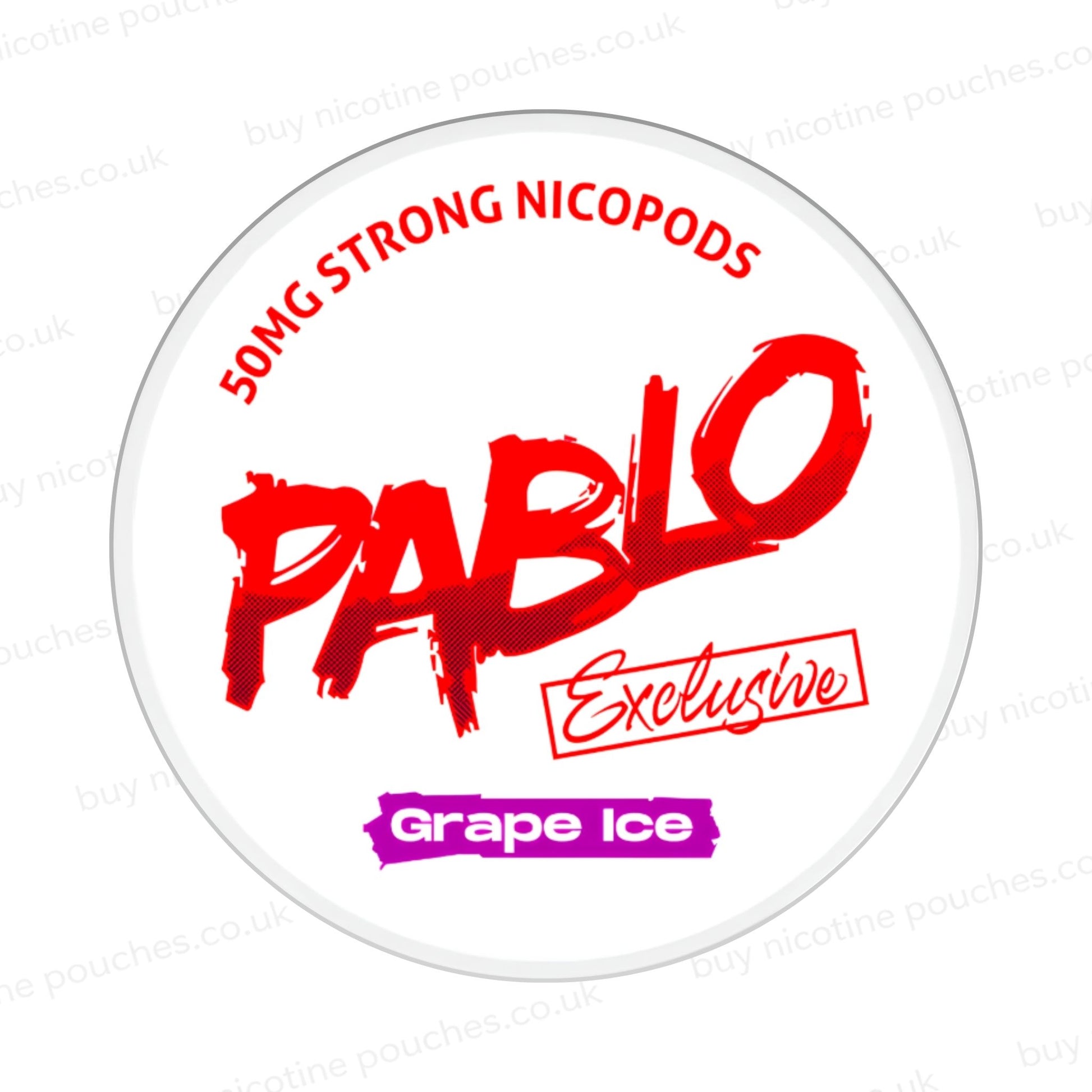 Nicotine pouch container with Pablo Grape Ice branding on a white background.