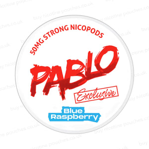 Nicotine pouch container with Pablo Blue Raspberry branding on a white background.