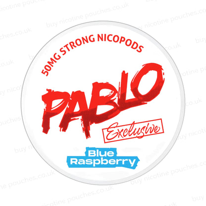 Nicotine pouch container with Pablo Blue Raspberry branding on a white background.