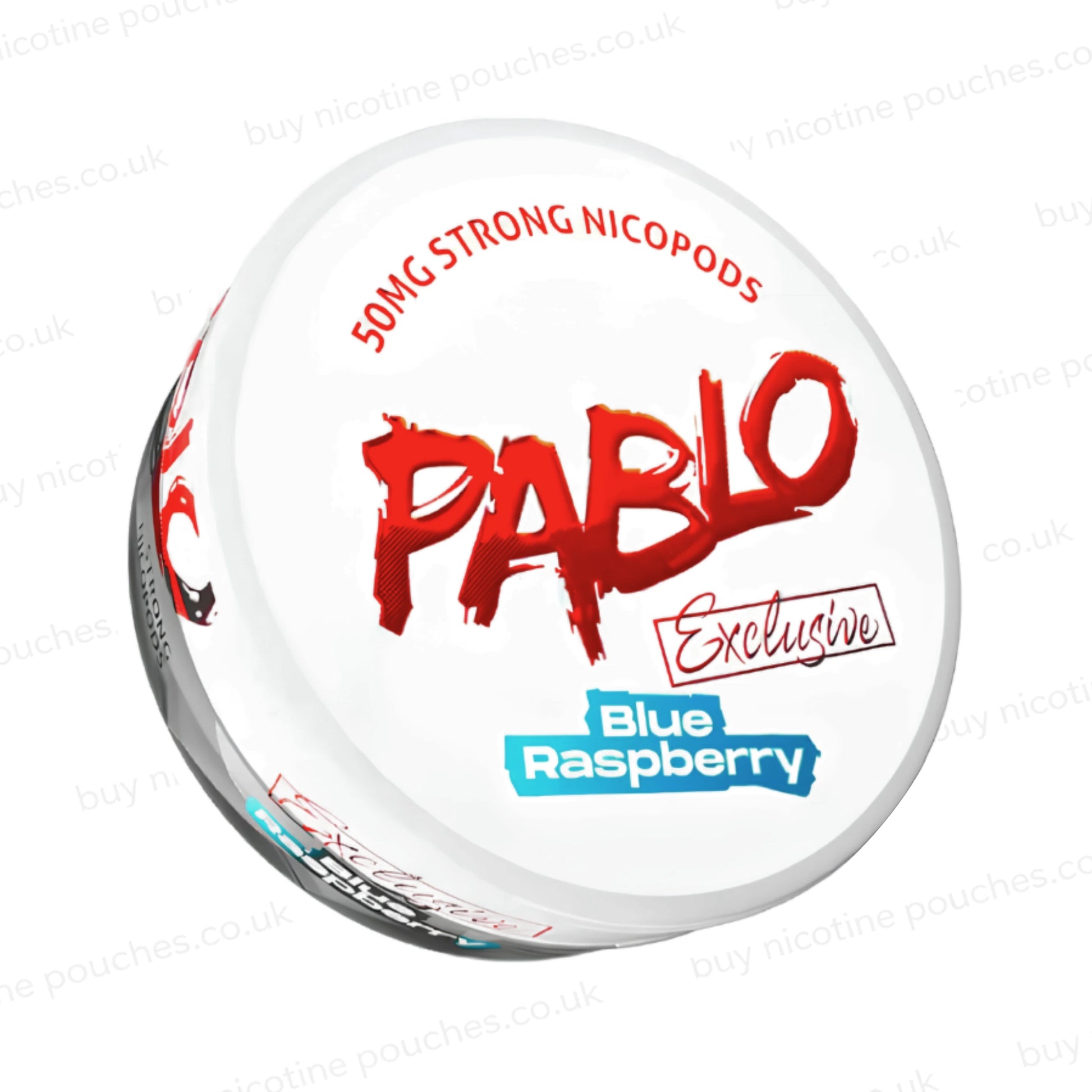 Angled shot of a nicotine pouch container with Pablo Blue Raspberry branding on a white background.