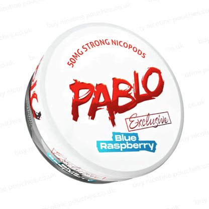 Angled shot of a nicotine pouch container with Pablo Blue Raspberry branding on a white background.