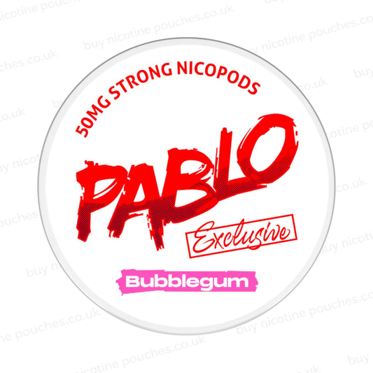 Nicotine pouch container with Pablo Bubblegum branding on a white background.