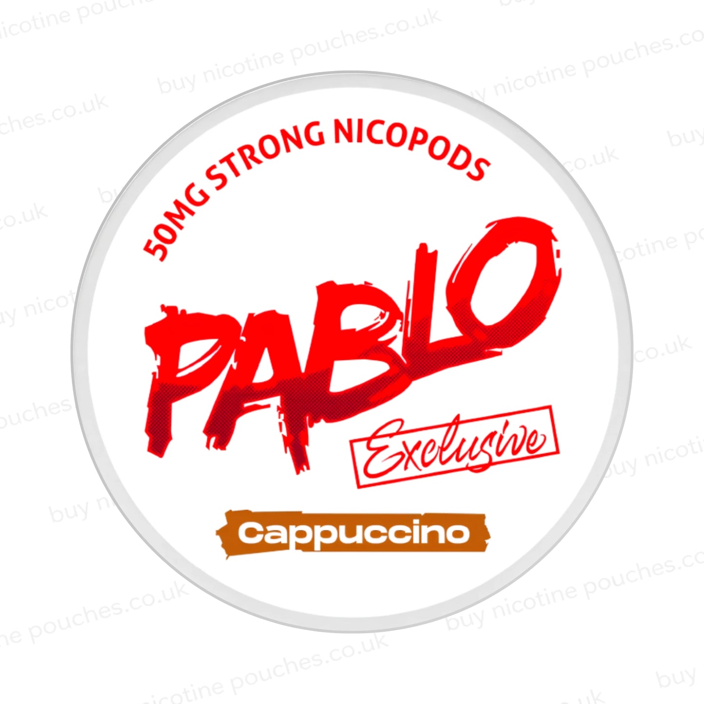 Nicotine pouch container with Pablo Cappuccino branding on a white background.