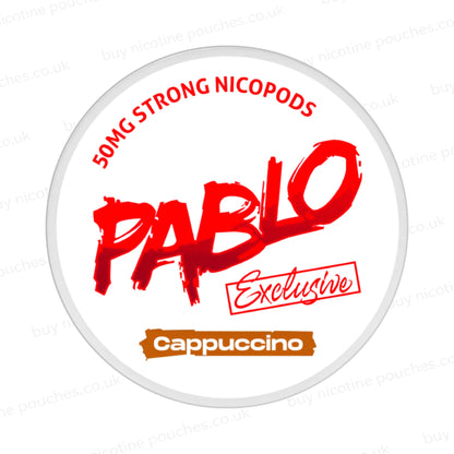 Nicotine pouch container with Pablo Cappuccino branding on a white background.