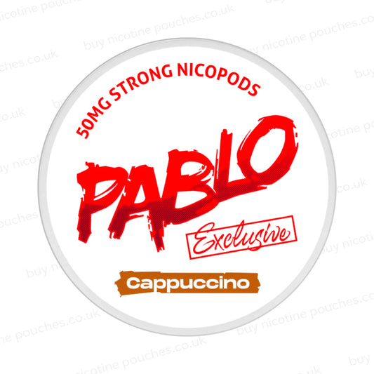 Nicotine pouch container with Pablo Cappuccino branding on a white background.