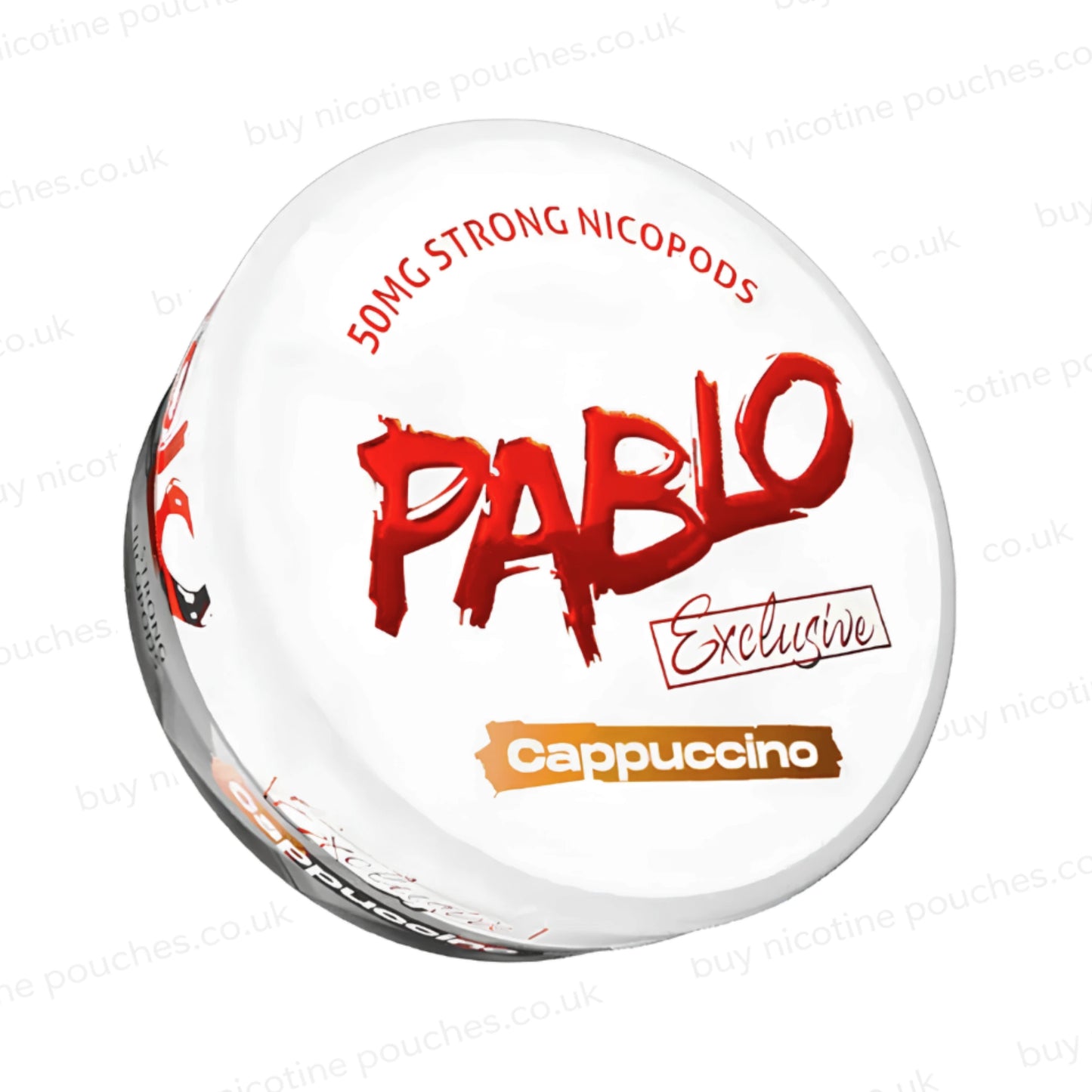 Angled shot of a nicotine pouch container with Pablo Cappuccino branding on a white background.