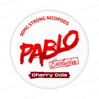 Nicotine pouch container with Pablo Cherry Cola branding on a white background.