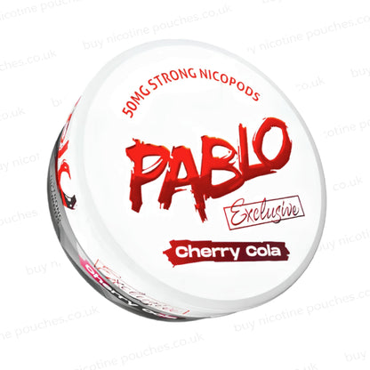 Angled shot of a nicotine pouch container with Pablo Cherry Cola branding on a white background.
