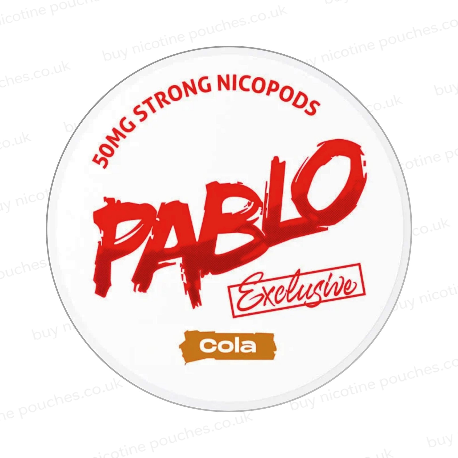 Nicotine pouch container with Pablo Cola branding on a white background.