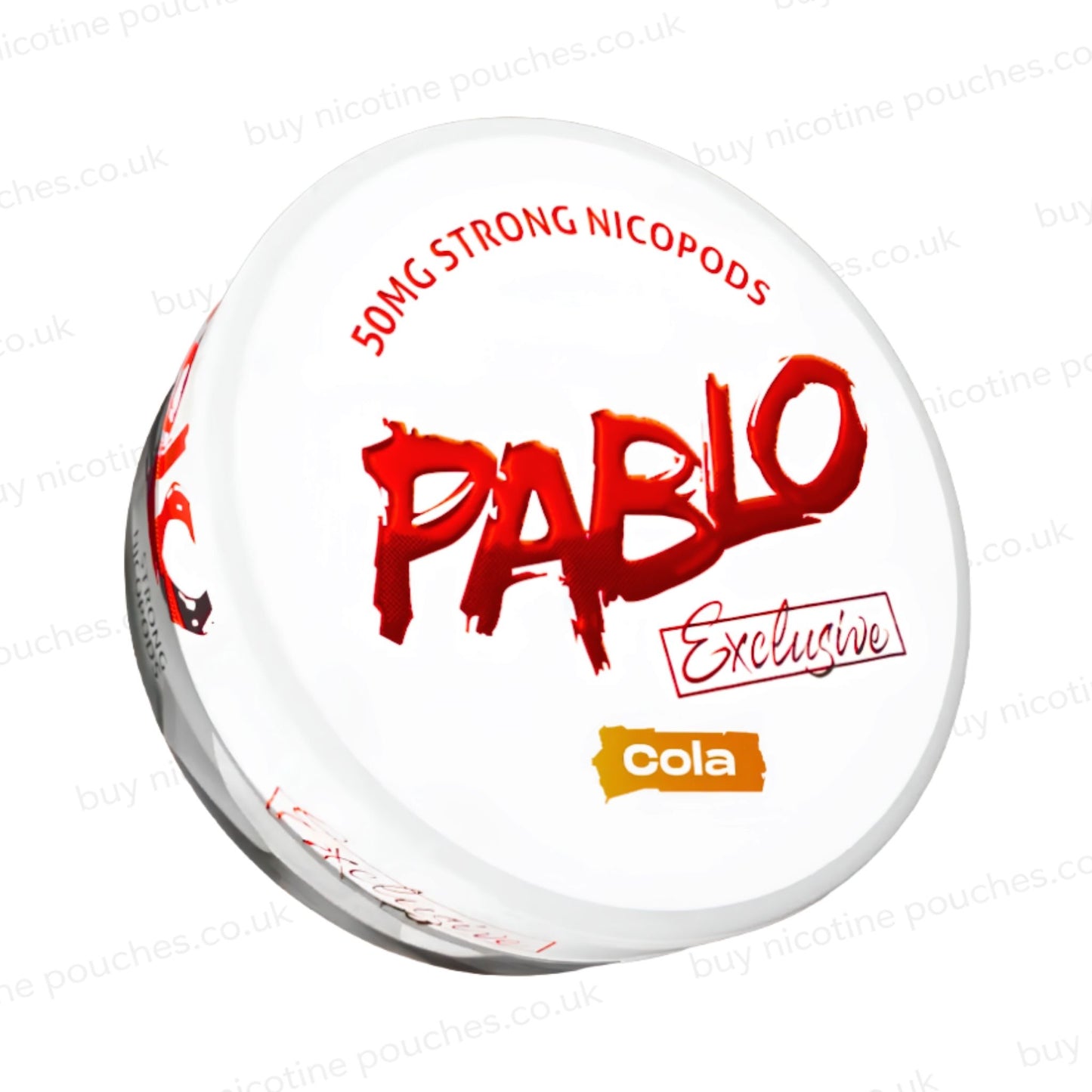 Angled shot of a nicotine pouch container with Pablo Cola branding on a white background.