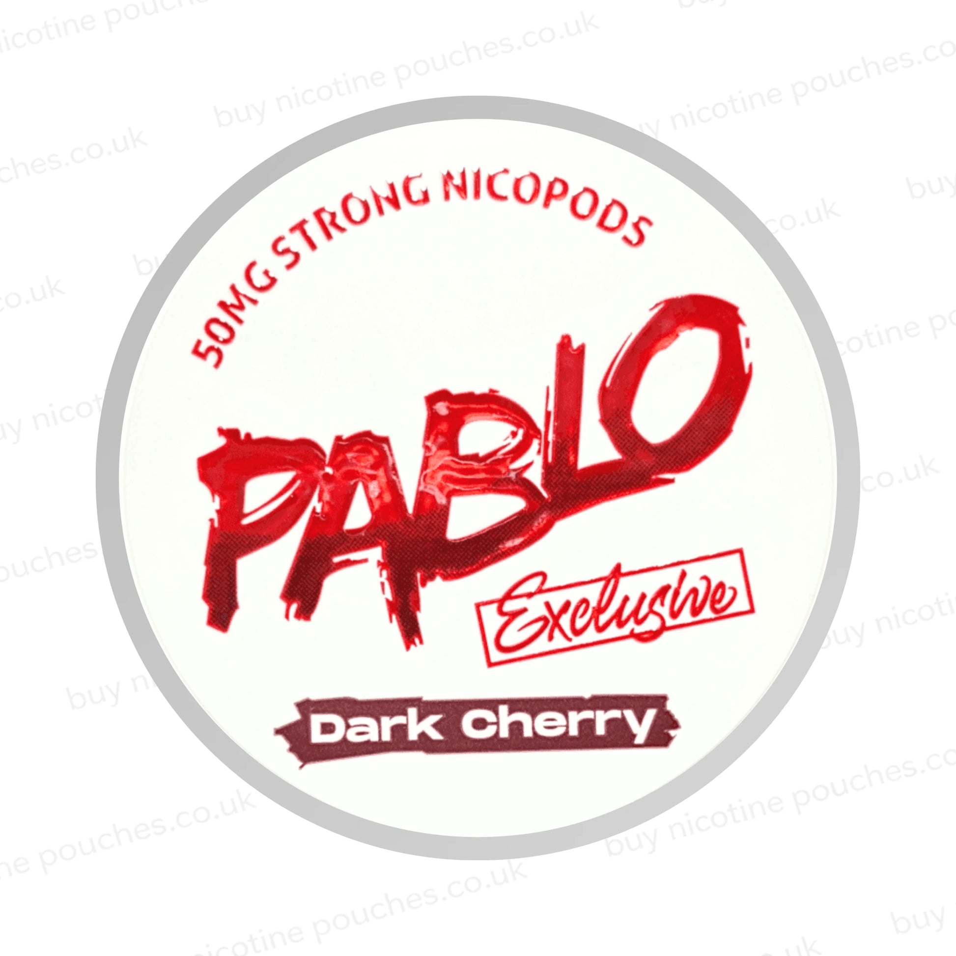 Nicotine pouch container with Pablo Dark Cherry branding on a white background.