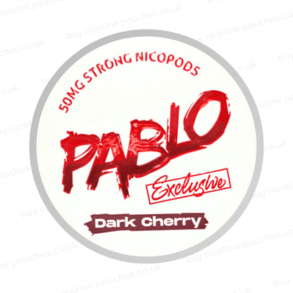 Nicotine pouch container with Pablo Dark Cherry branding on a white background.