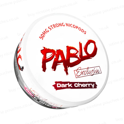 Angled shot of a nicotine pouch container with Pablo Dark Cherry branding on a white background.