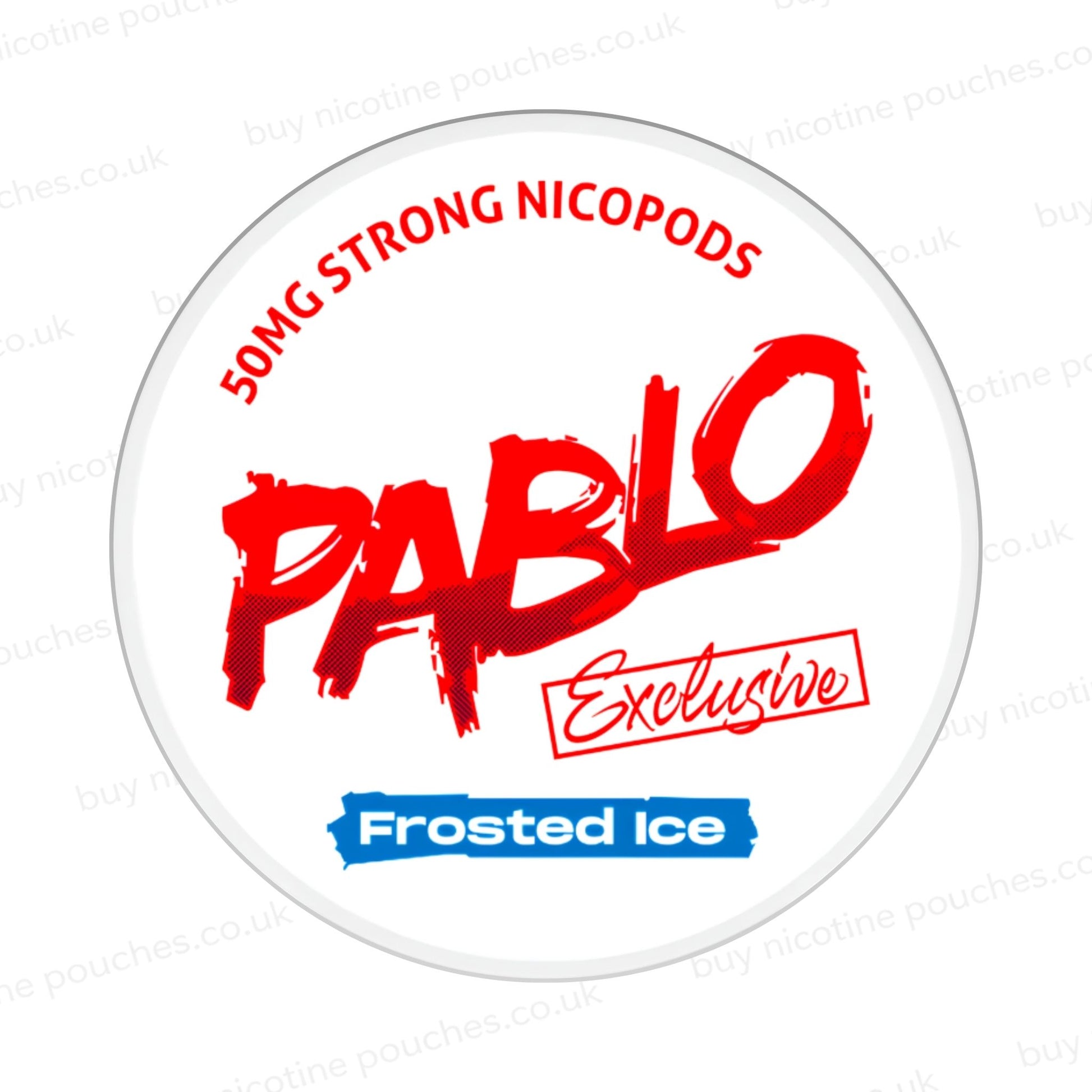 Nicotine pouch container with Pablo Frosted Ice branding on a white background.