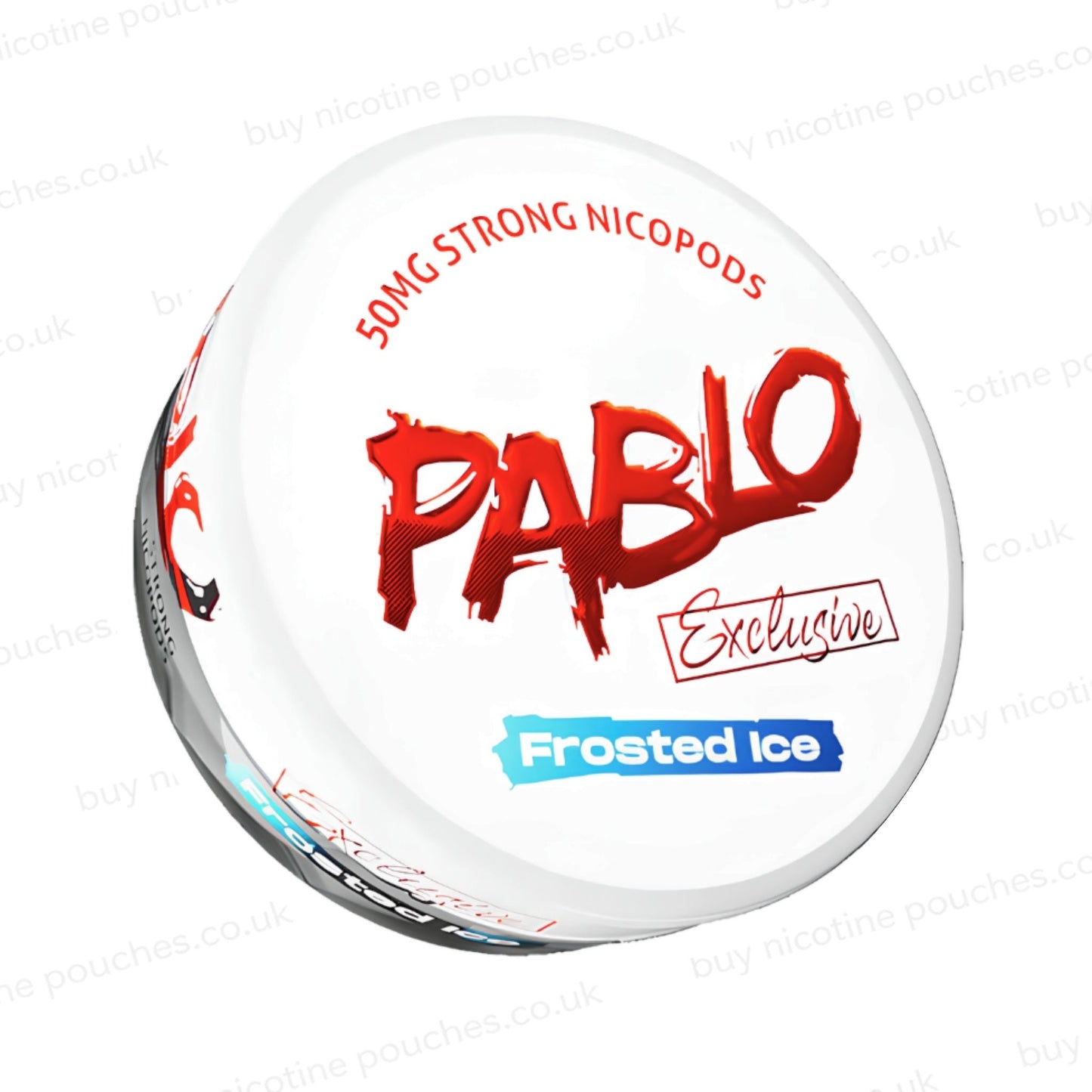 Angled shot of a nicotine pouch container with Pablo Frosted Ice branding on a white background.