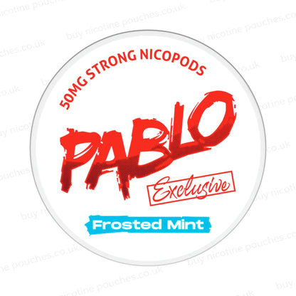 Nicotine pouch container with Pablo Frosted Mint branding on a white background.