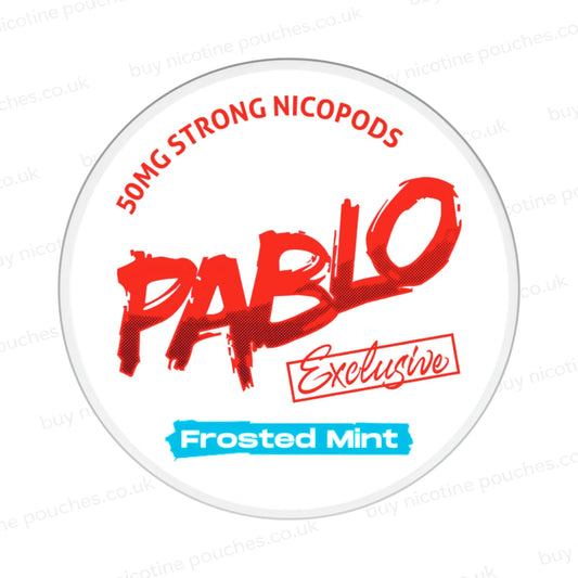 Nicotine pouch container with Pablo Frosted Mint branding on a white background.