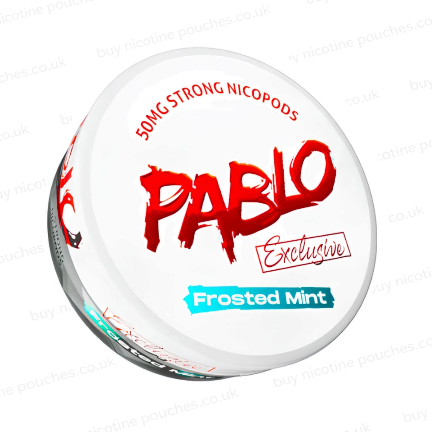 Angled shot of a nicotine pouch container with Pablo Frosted Mint branding on a white background.