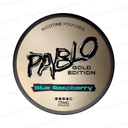Nicotine pouch container with Pablo Gold Blue Raspberry branding on a white background.