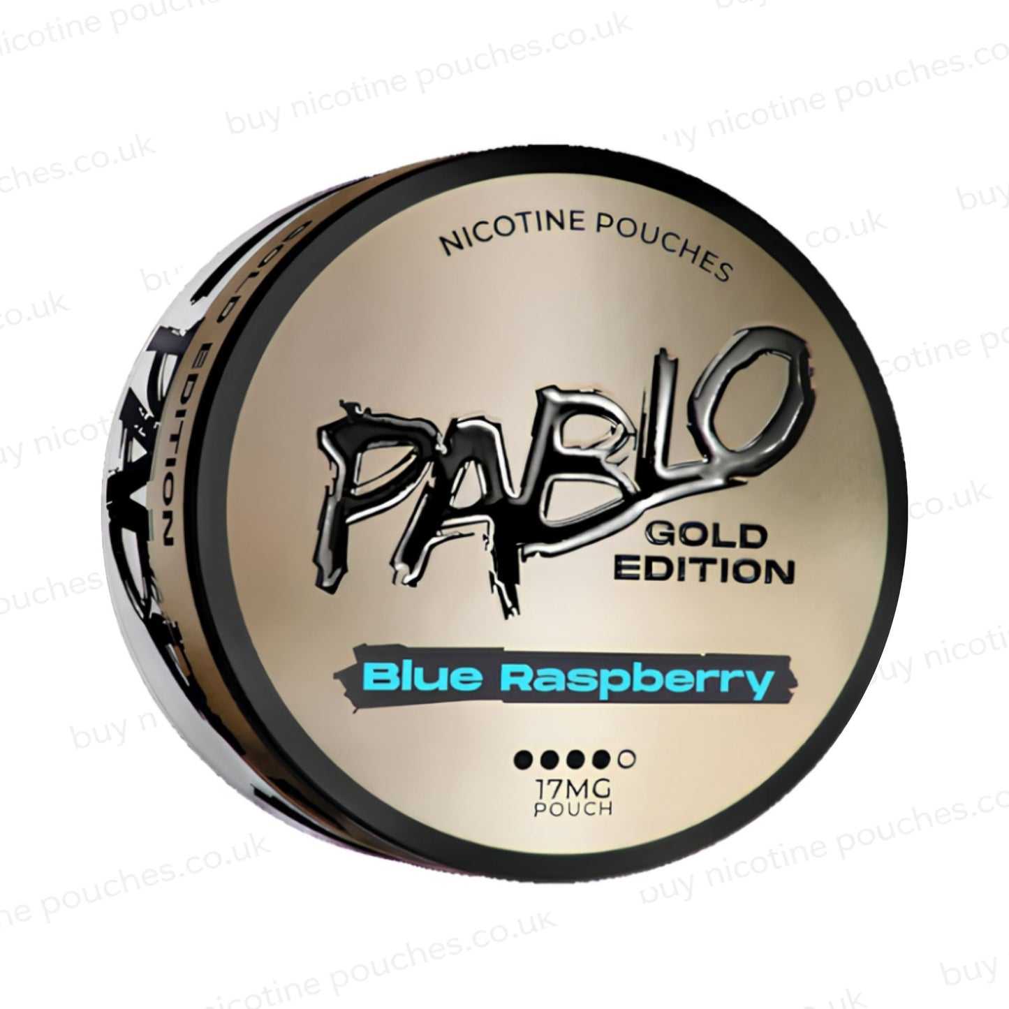Angled shot of a nicotine pouch container with Pablo Gold Blue Raspberry branding on a white background.