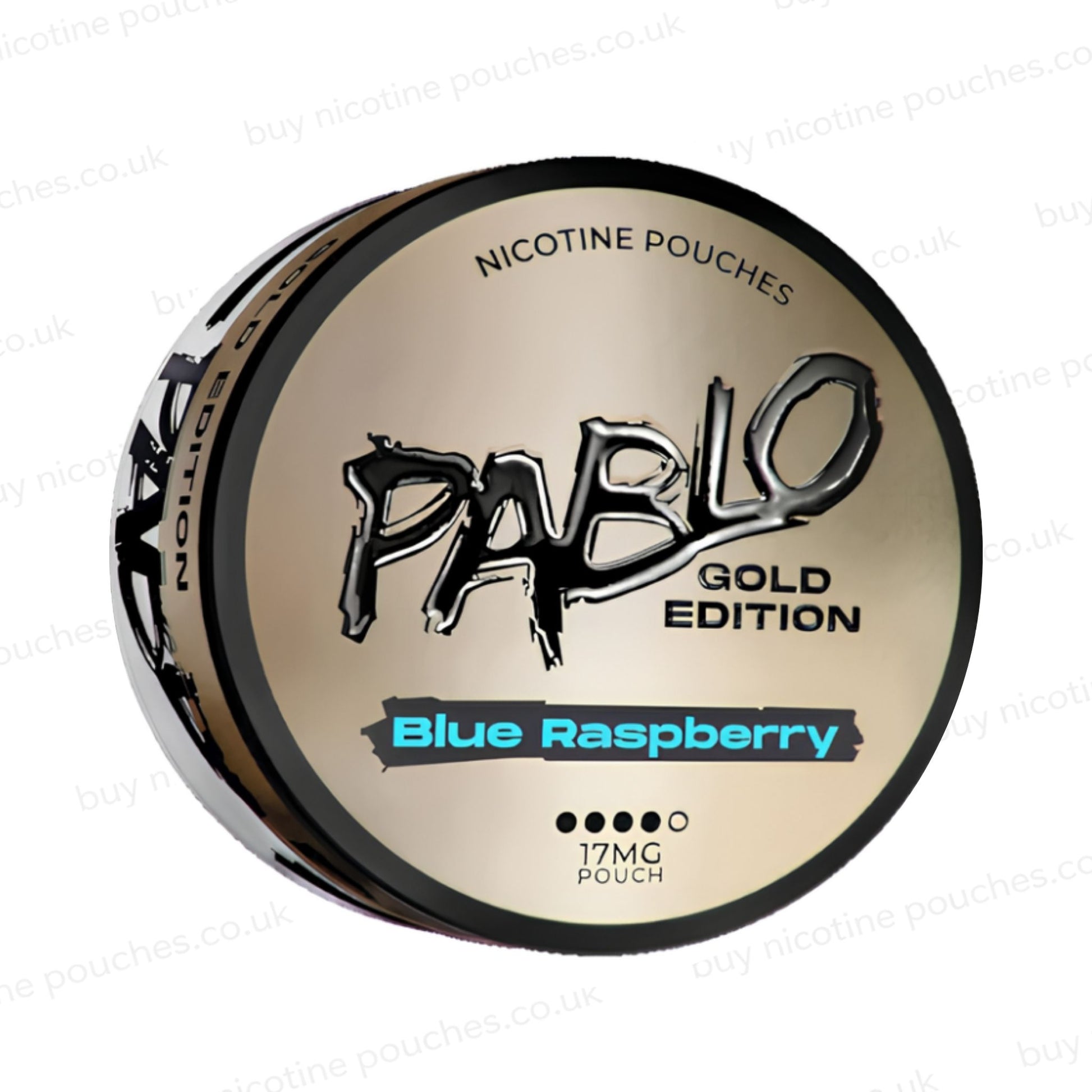 Angled shot of a nicotine pouch container with Pablo Gold Blue Raspberry branding on a white background.