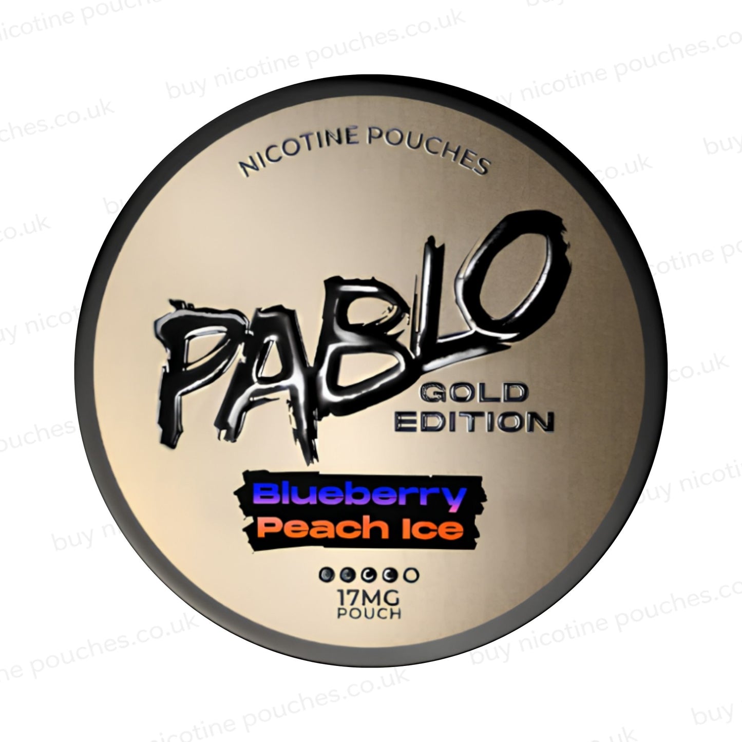 Nicotine pouch container with Pablo Gold Blueberry Peach Ice branding on a white background.