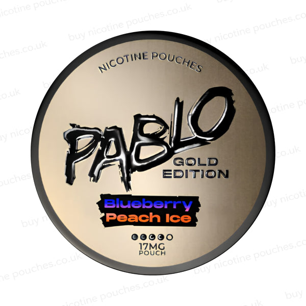 Nicotine pouch container with Pablo Gold Blueberry Peach Ice branding on a white background.
