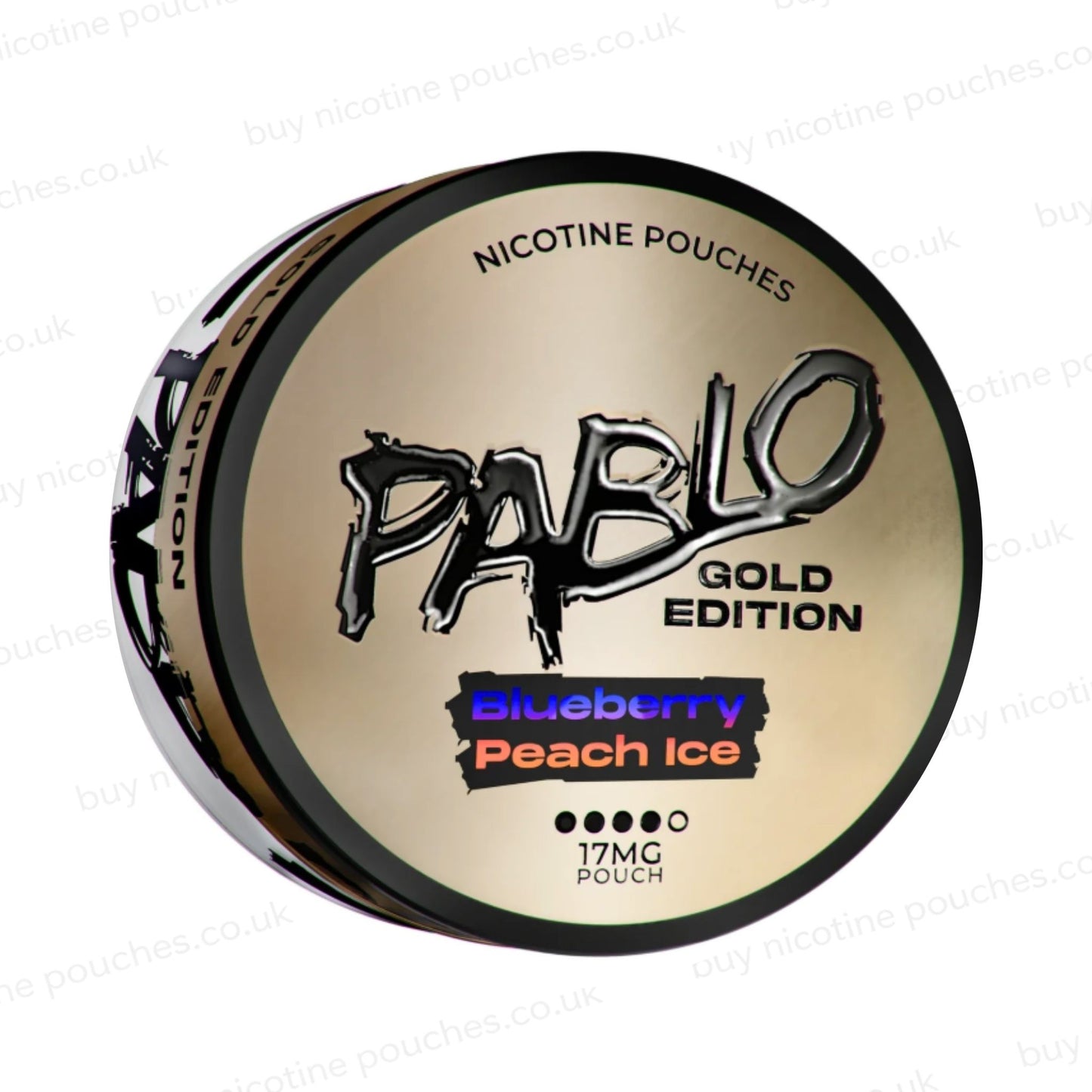 Angled shot of a nicotine pouch container with Pablo Gold Blueberry Peach Ice branding on a white background.