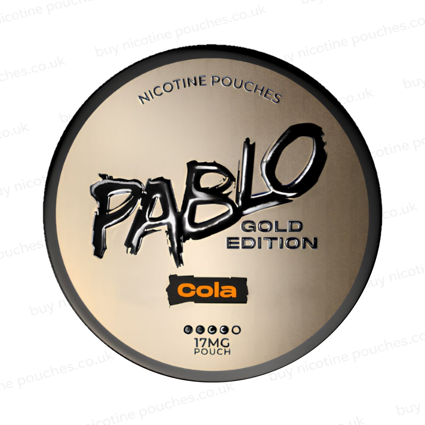 Nicotine pouch container with Pablo Gold Cola branding on a white background.