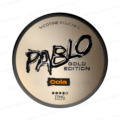 Nicotine pouch container with Pablo Gold Cola branding on a white background.